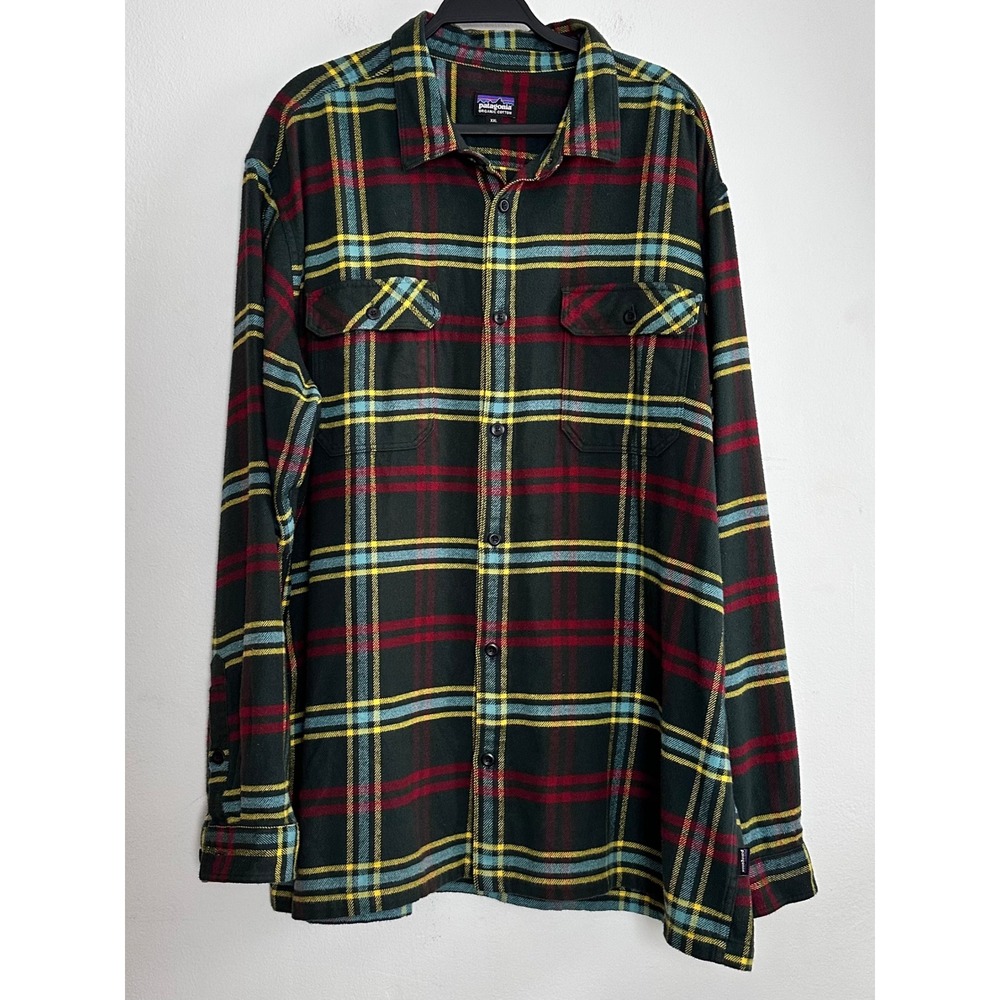 Patagonia Mens Fjord Flannel Button Down XXL Green Red Plaid Organic‎ Cotton
